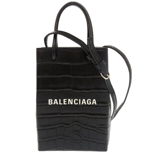 BALENCIAGA Shoulder Bag Embossed leather black 2WAY Shopping Phone Holder Women Used Authentic