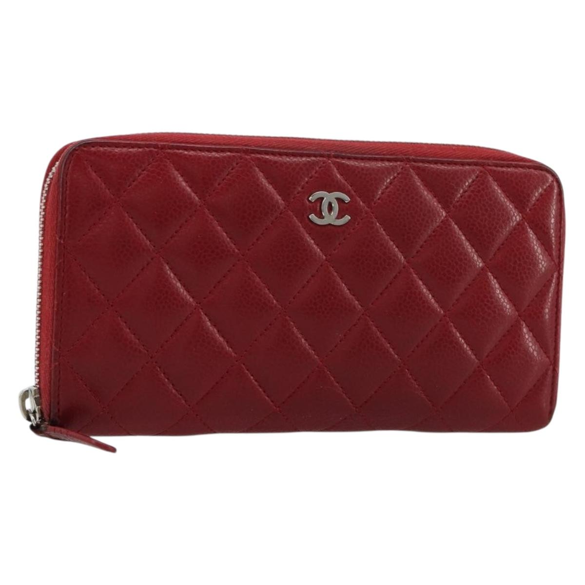 CHANEL Matelasse Long Wallet Caviar Skin Red Silver CC