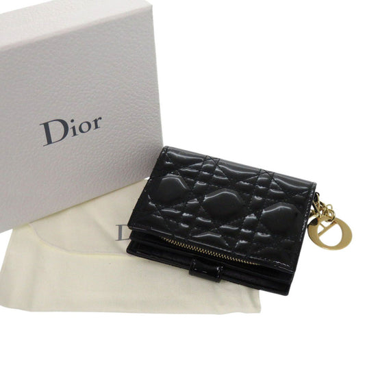 Dior Bifold Wallet Patent Leather, Patent Leather black Cannage logo charm