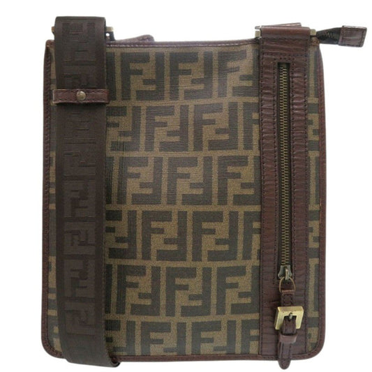 FENDI Shoulder Bag PVC, Leather Brown Zucca Pattern Vintage Sacoche Women Used Authentic