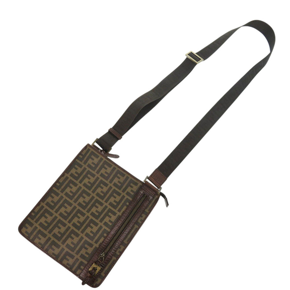 FENDI Shoulder Bag PVC, Leather Brown Zucca Pattern Vintage Sacoche Women Used Authentic