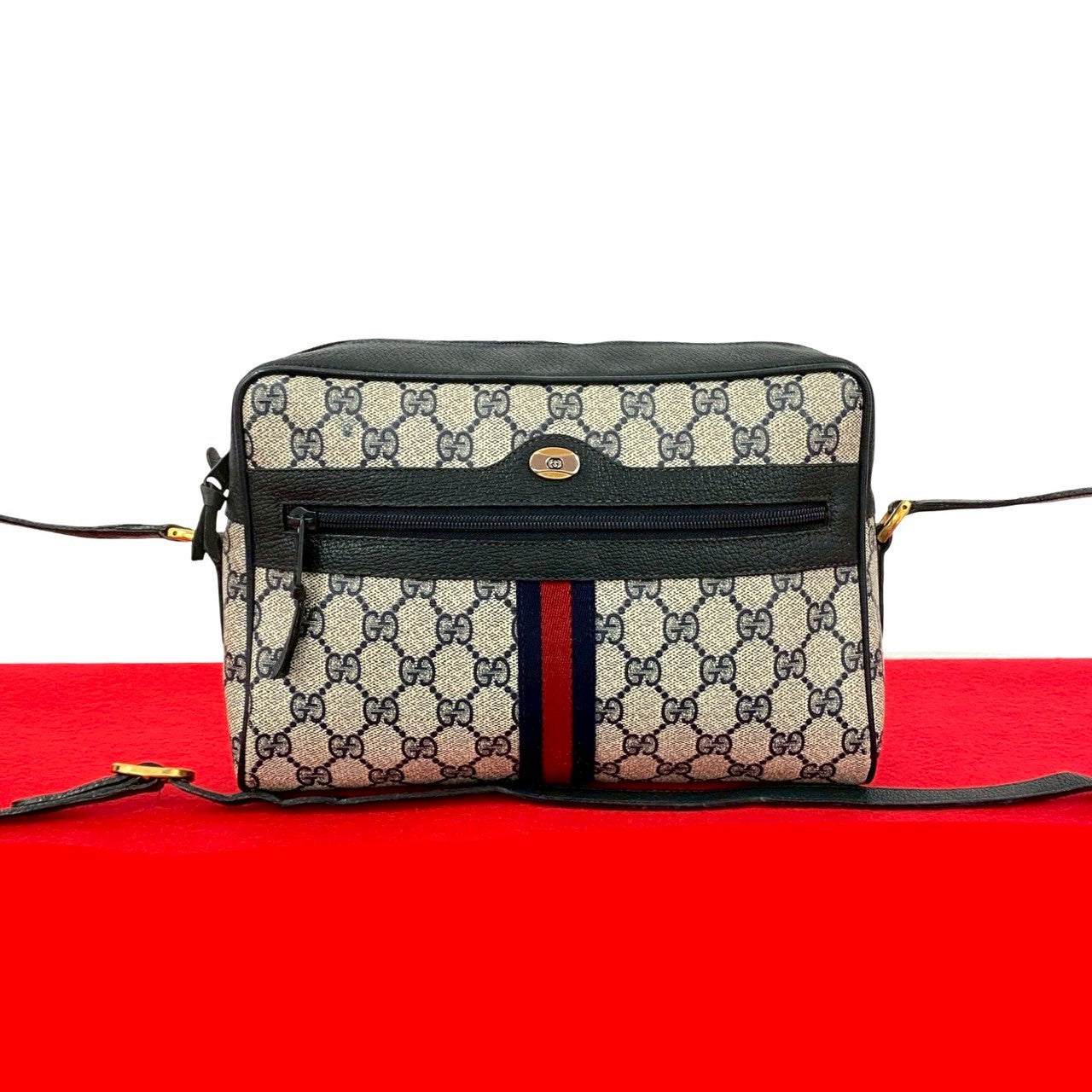 GUCCI Shoulder Bag leather Navy Sherry line