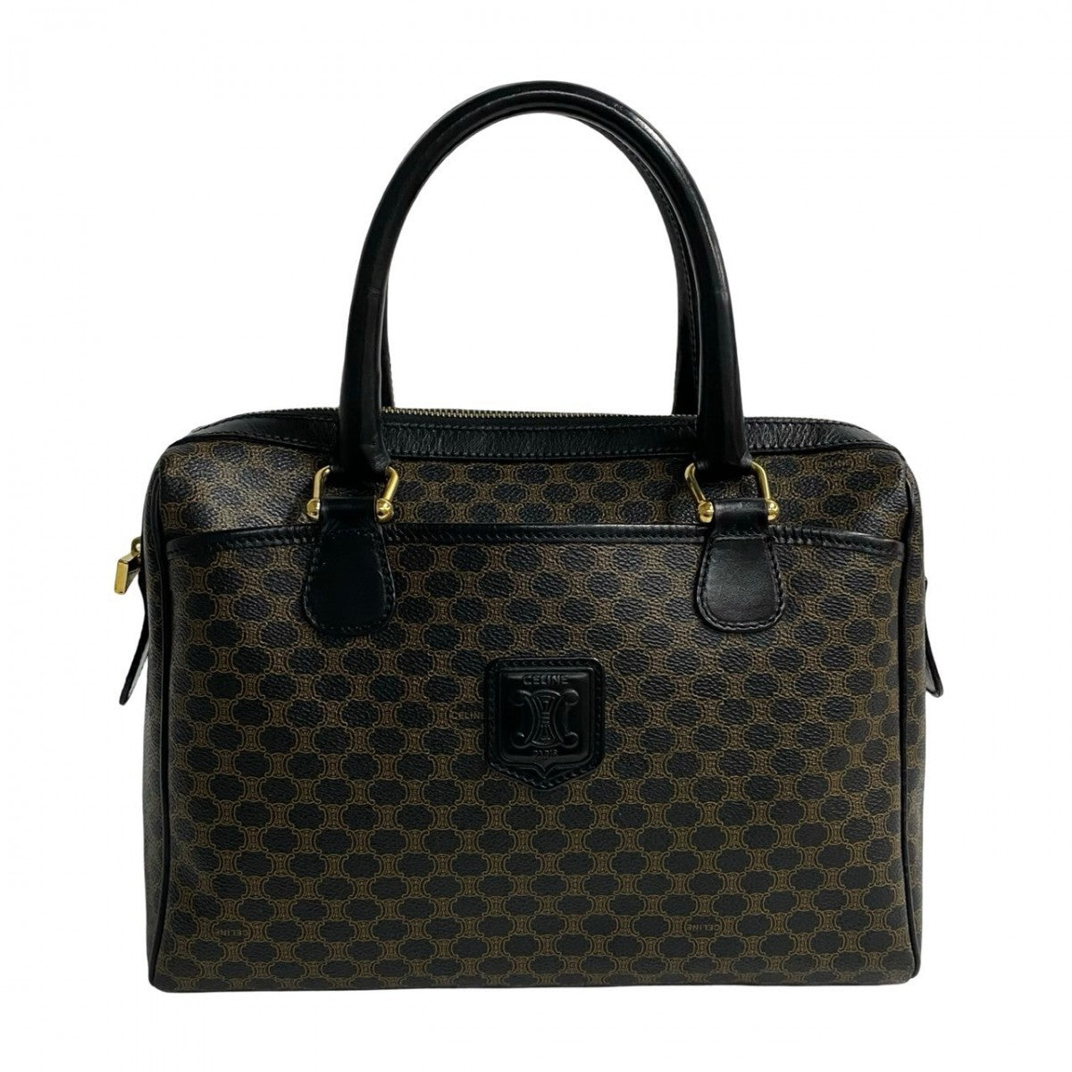 CELINE Handbag Leather, PVC Brown Macadam Blason Triomphe Pattern Women Used Authentic