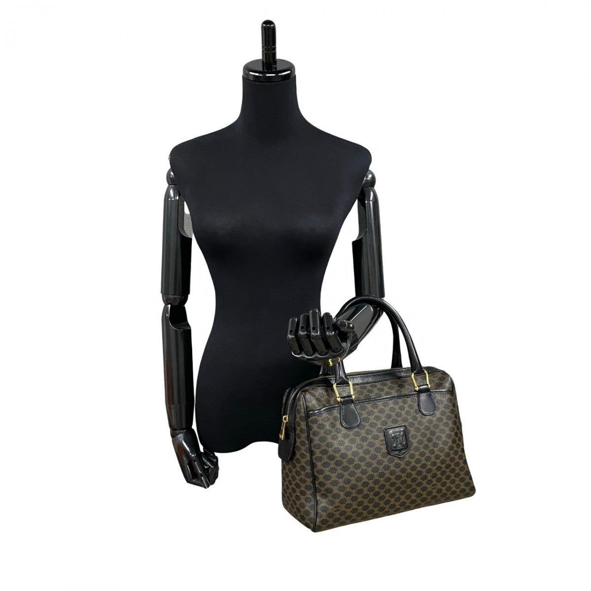 CELINE Handbag Leather, PVC Brown Macadam Blason Triomphe Pattern Women Used Authentic