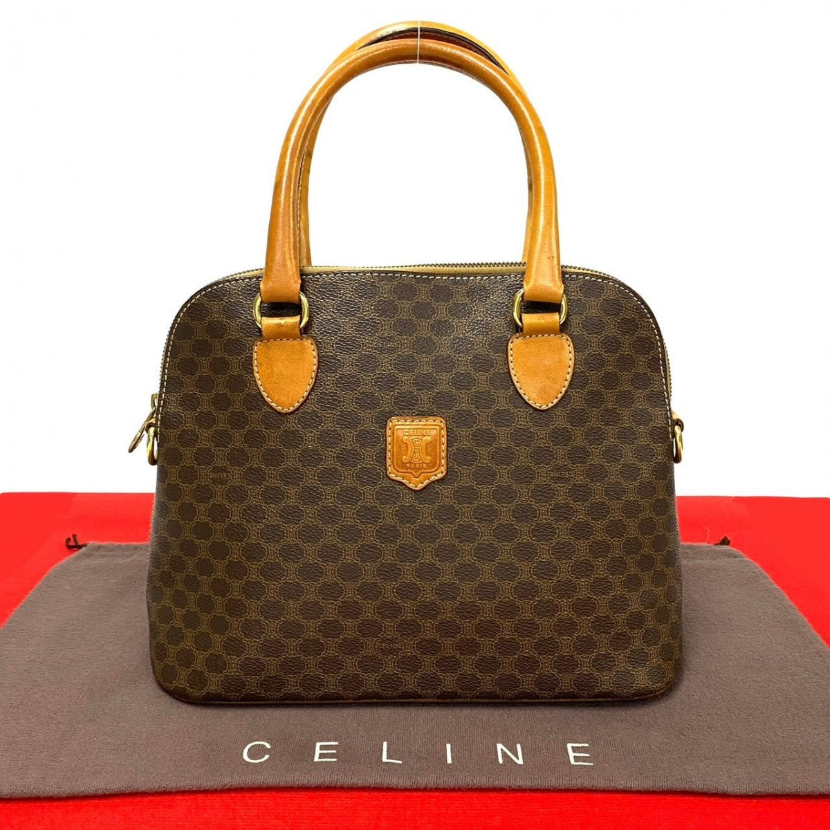 CELINE Handbag Leather, PVC Brown Macadam Blason Triomphe Pattern Women Used Authentic