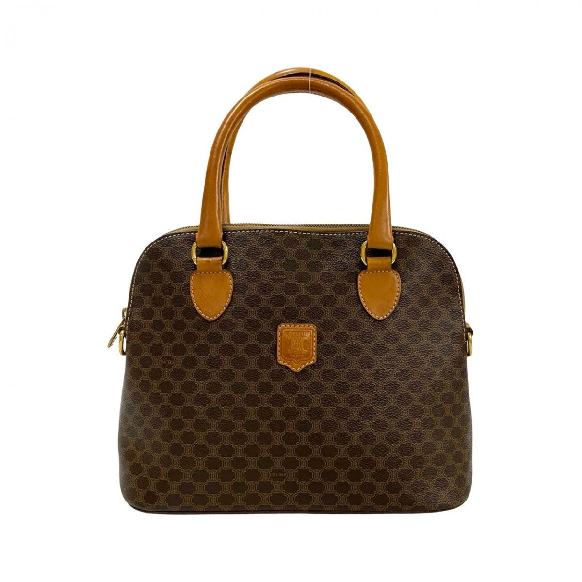 CELINE Handbag Leather, PVC Brown Macadam Blason Triomphe Pattern Women Used Authentic