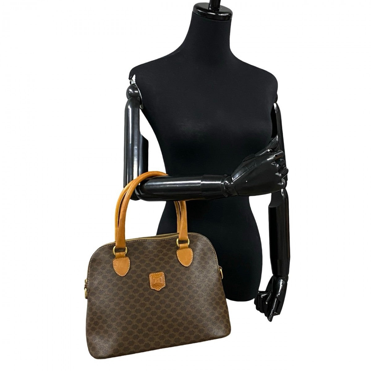 CELINE Handbag Leather, PVC Brown Macadam Blason Triomphe Pattern Women Used Authentic