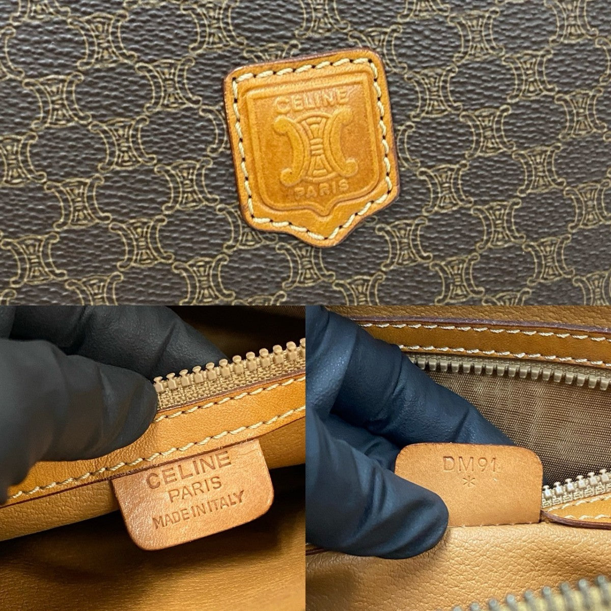 CELINE Handbag Leather, PVC Brown Macadam Blason Triomphe Pattern Women Used Authentic