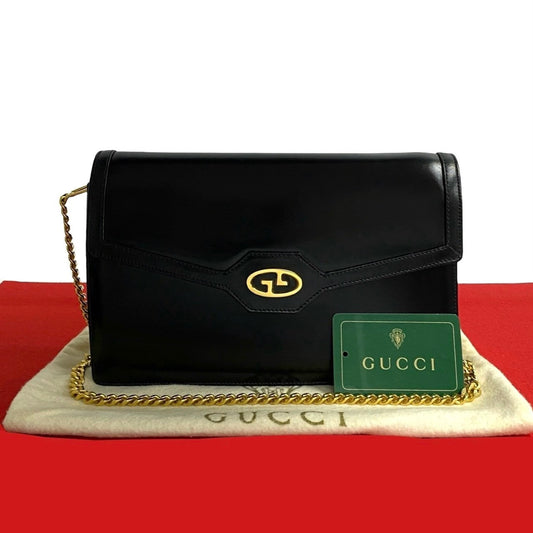 GUCCI Shoulder Bag leather black logo Metal Women Used Authentic