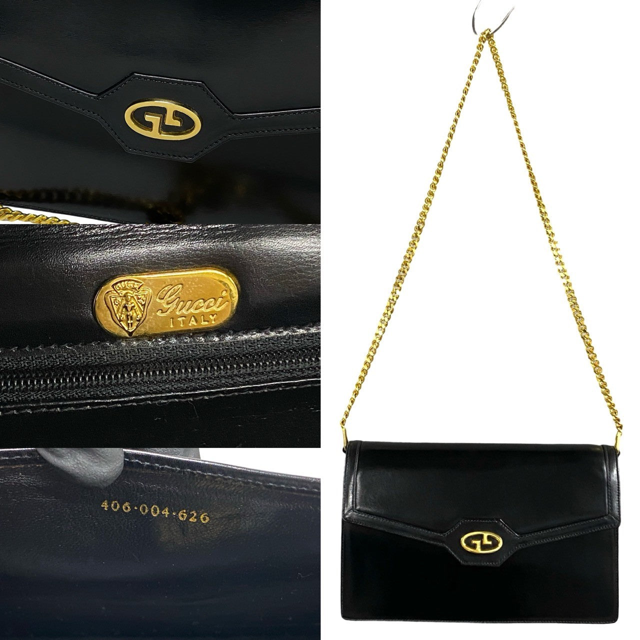 GUCCI Shoulder Bag leather black logo Metal Women Used Authentic