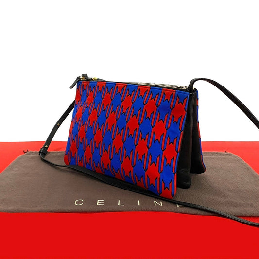 CELINE Shoulder Bag Leather, Cotton black Houndstooth pattern trio Women Used Authentic