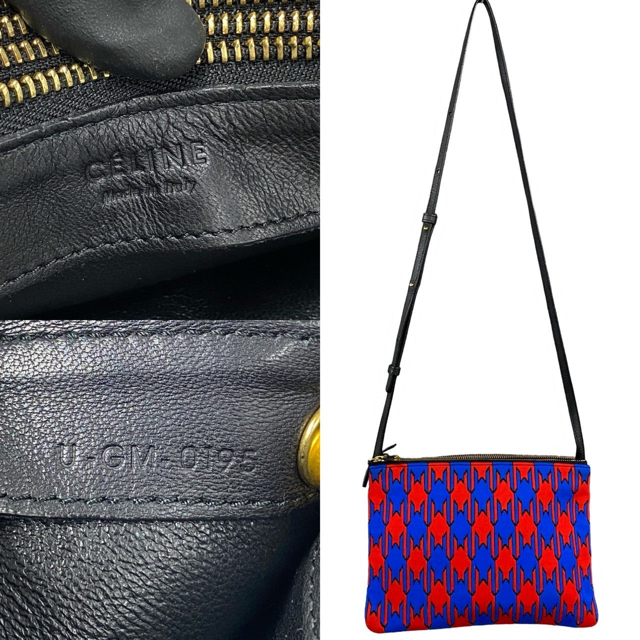 CELINE Shoulder Bag Leather, Cotton black Houndstooth pattern trio Women Used Authentic
