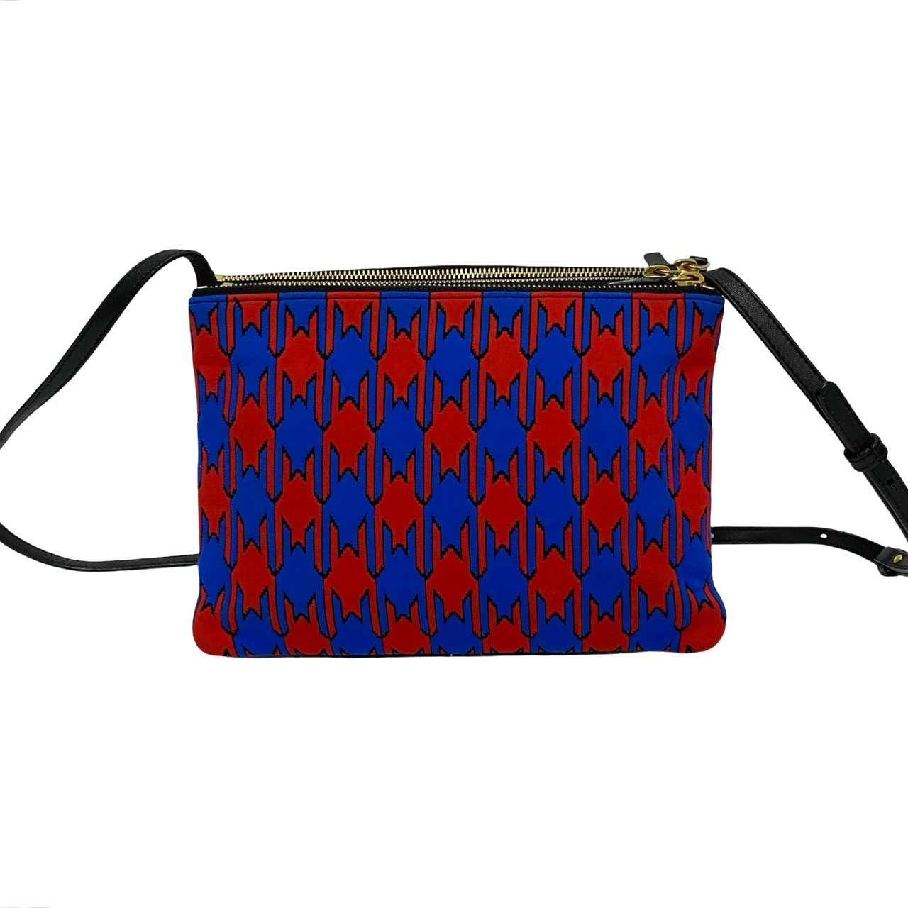 CELINE Shoulder Bag Leather, Cotton black Houndstooth pattern trio Women Used Authentic