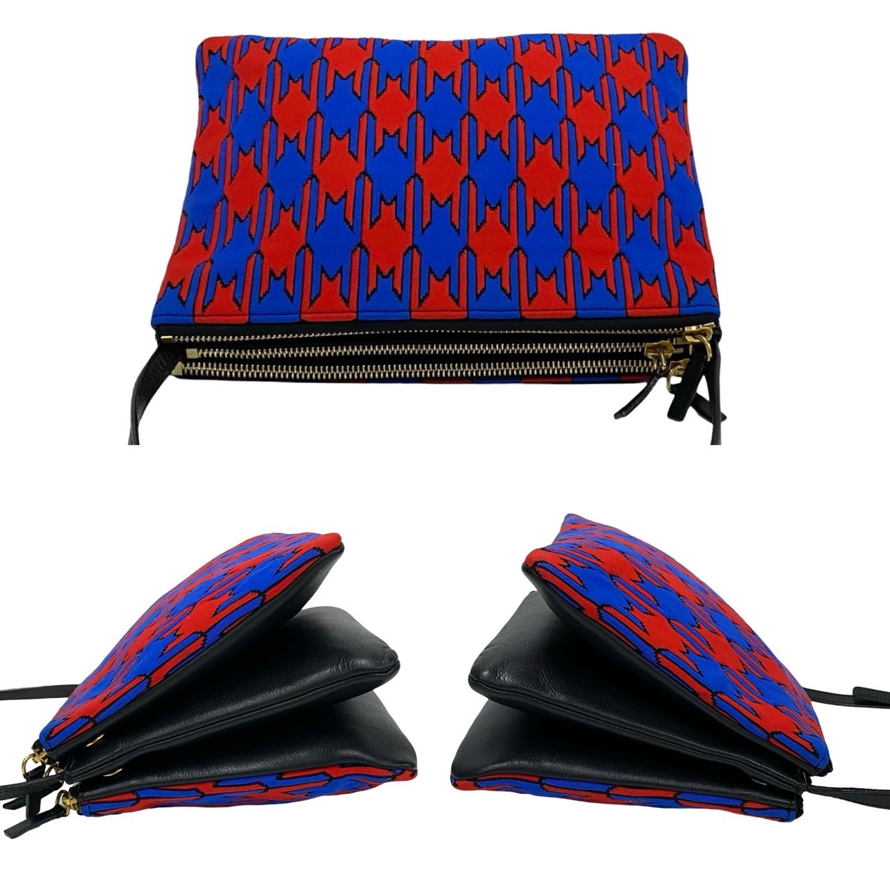 CELINE Shoulder Bag Leather, Cotton black Houndstooth pattern trio Women Used Authentic
