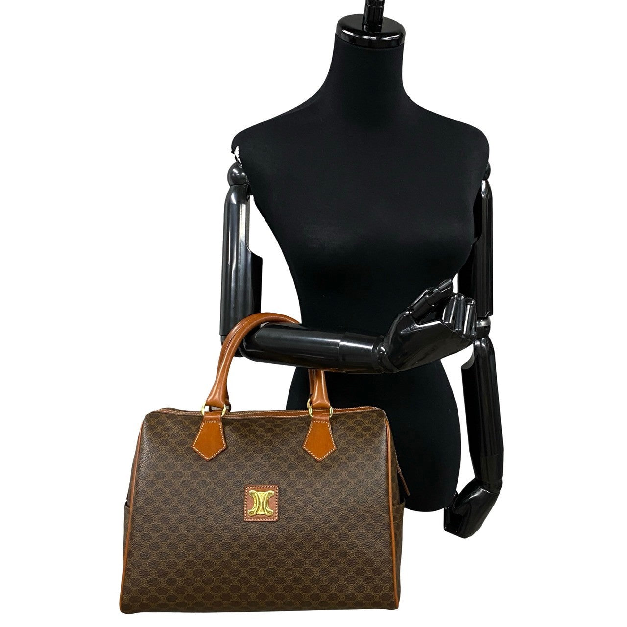 CELINE Handbag Leather, PVC Brown Macadam Blazon Pattern Triomphe logo Metal Women Used Authentic
