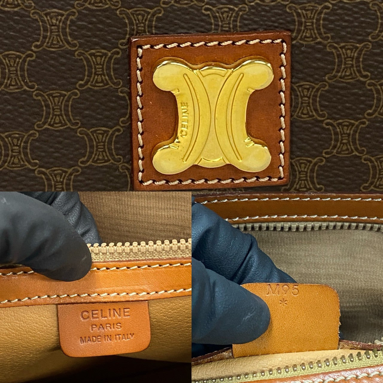 CELINE Handbag Leather, PVC Brown Macadam Blazon Pattern Triomphe logo Metal Women Used Authentic