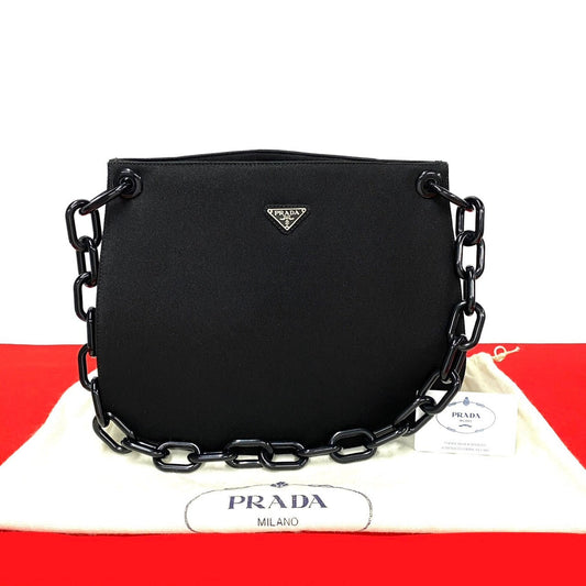 PRADA Shoulder Bag Canvas, Plastic black PRADA triangle logo Women Used Authentic