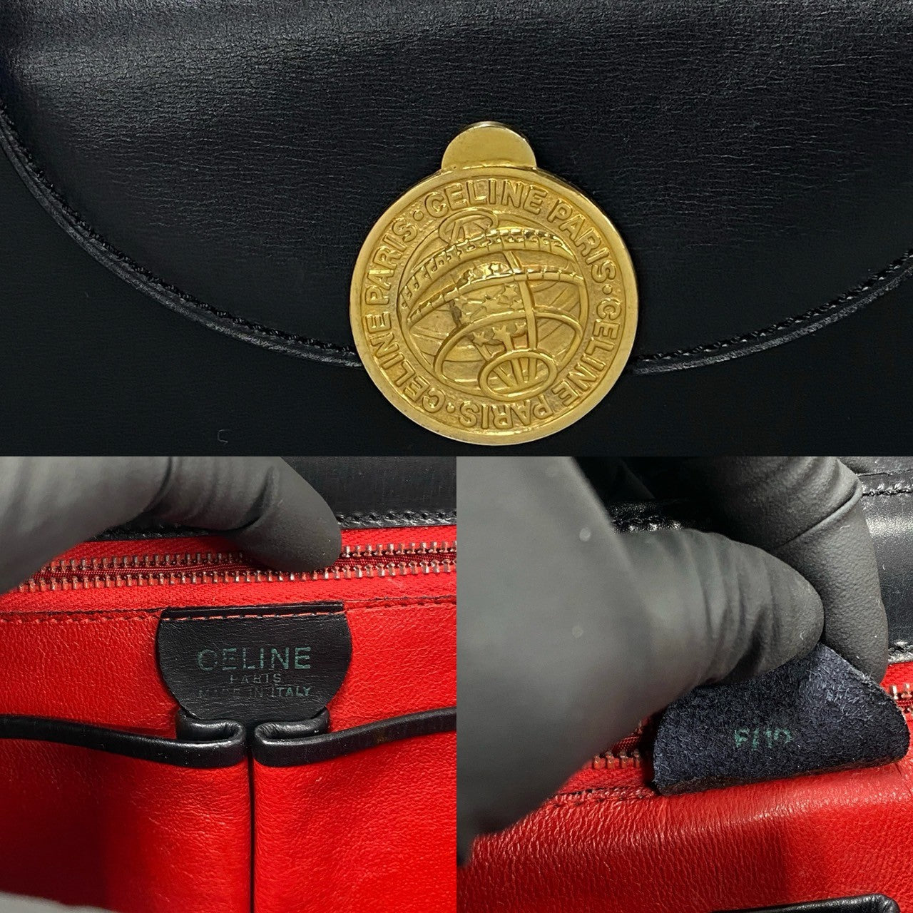 CELINE Handbag leather black Globe logo Metal Women Used Authentic