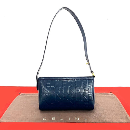 CELINE Shoulder Bag leather Navy Logo all-over pattern Women Used Authentic