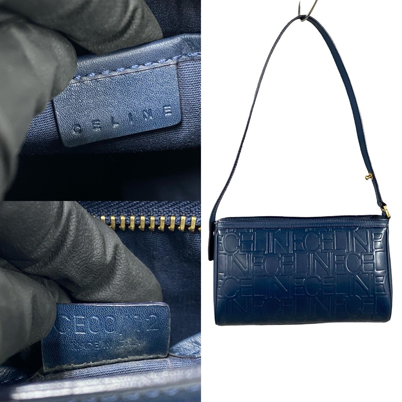CELINE Shoulder Bag leather Navy Logo all-over pattern Women Used Authentic