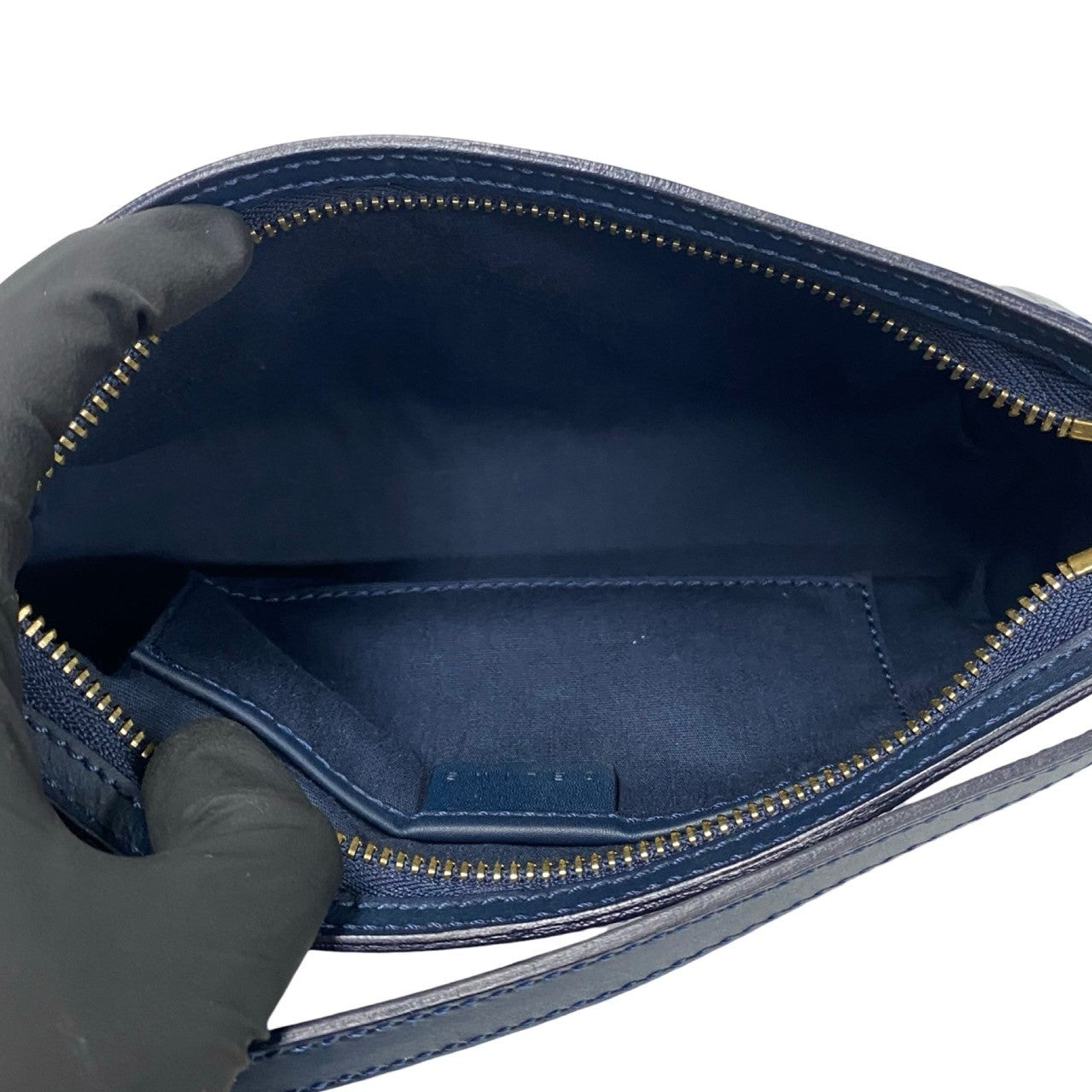 CELINE Shoulder Bag leather Navy Logo all-over pattern Women Used Authentic