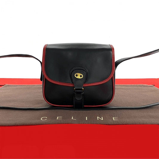 CELINE Shoulder Bag leather black Triomphe logo Metal Women Used Authentic