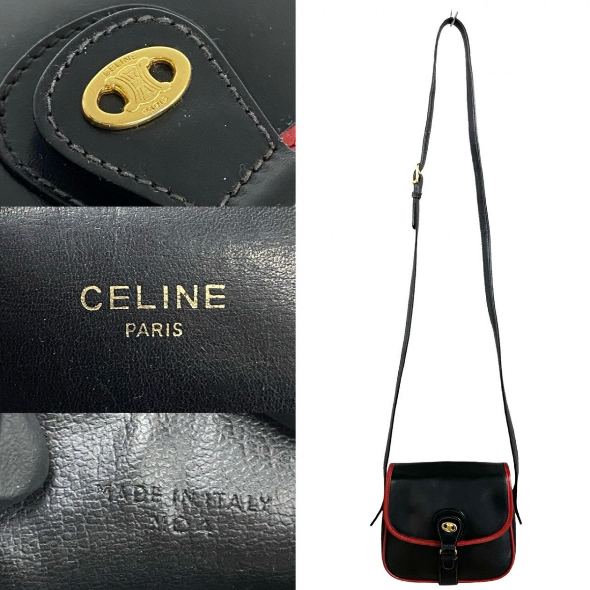 CELINE Shoulder Bag leather black Triomphe logo Metal Women Used Authentic