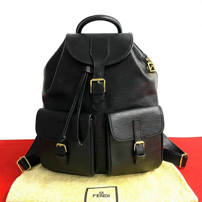 FENDI Backpack Epi Leather black FF logo Metal Women Used Authentic