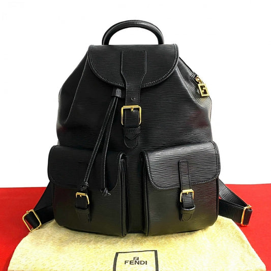 FENDI Backpack Epi Leather black FF logo Metal Women Used Authentic