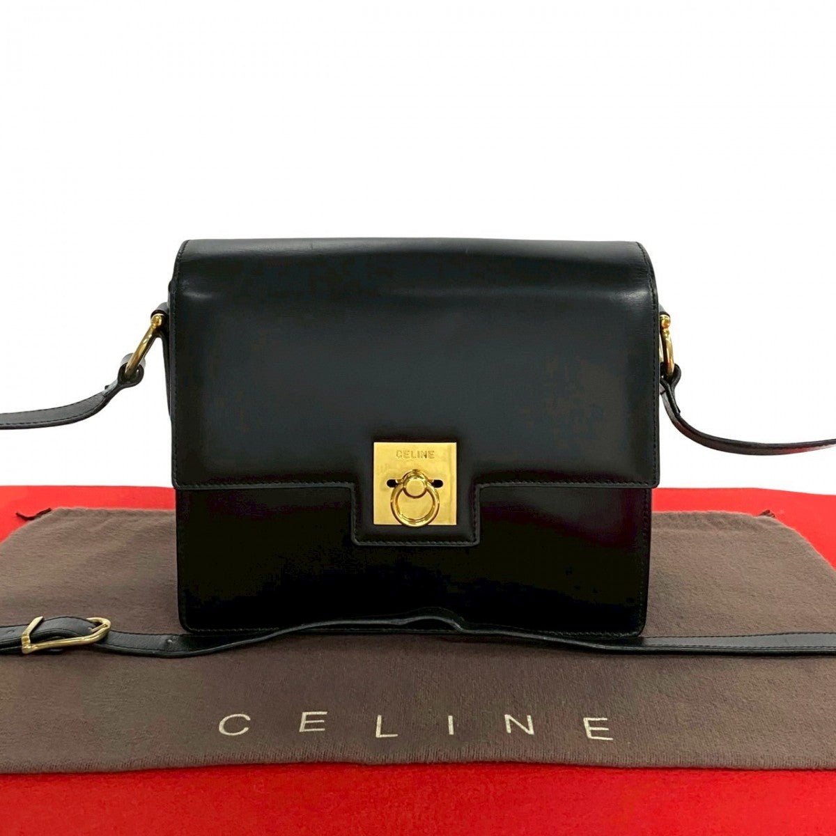 CELINE Shoulder Bag Calfskin, Leather black logo ringMetal Women Used Authentic