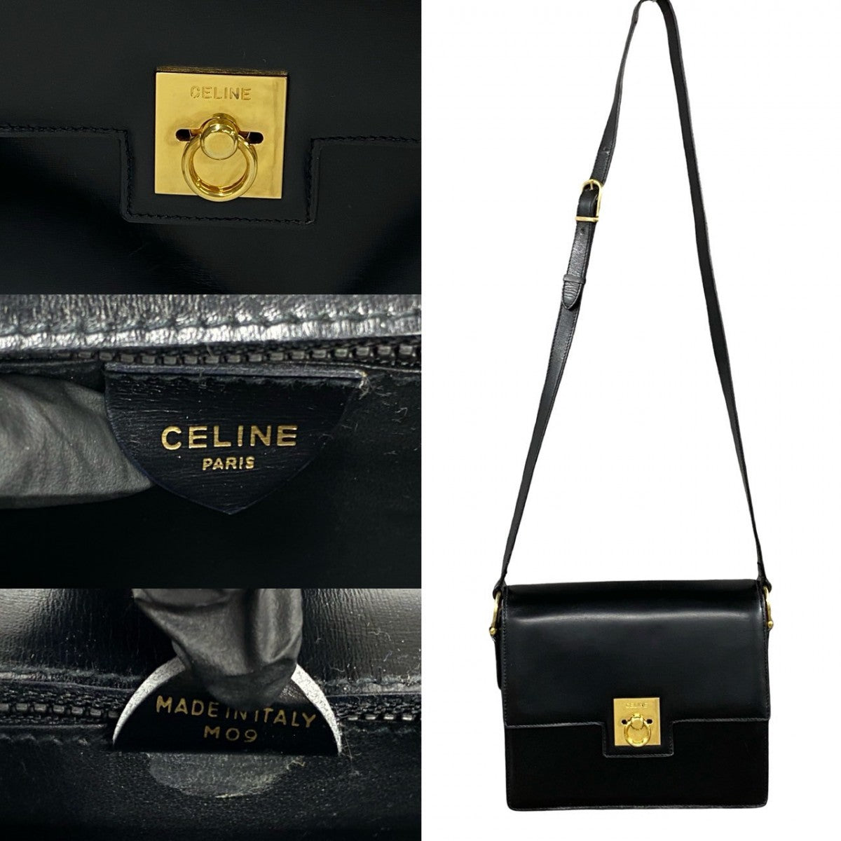 CELINE Shoulder Bag Calfskin, Leather black logo ringMetal Women Used Authentic