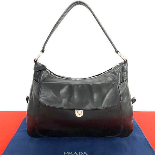 PRADA Shoulder Bag leather black Logo embossing Women Used Authentic
