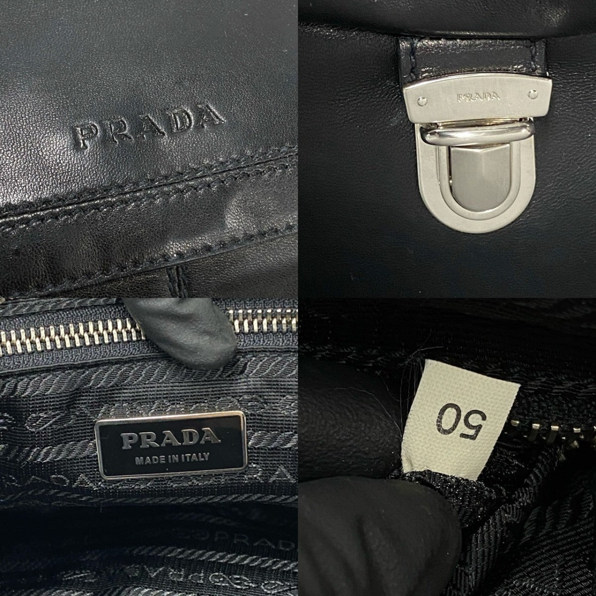 PRADA Shoulder Bag leather black Logo embossing Women Used Authentic