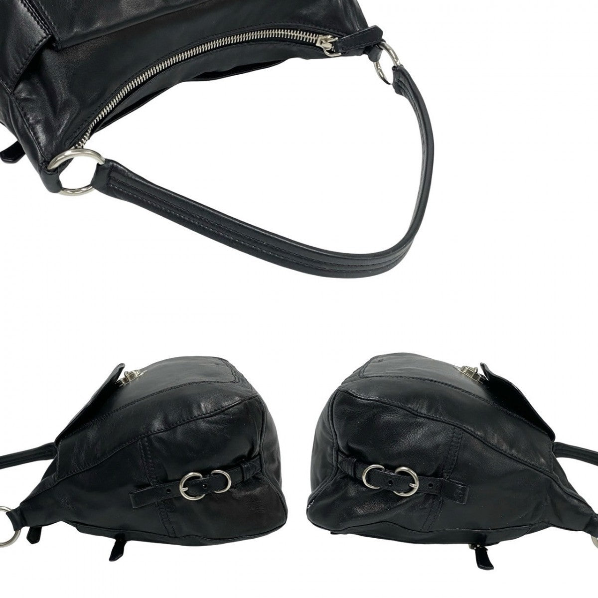 PRADA Shoulder Bag leather black Logo embossing Women Used Authentic