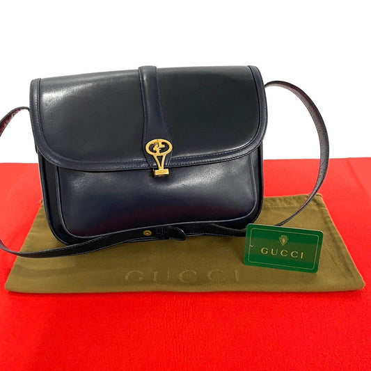 GUCCI Shoulder Bag Calfskin, Leather Navy logo Metal Women Used Authentic