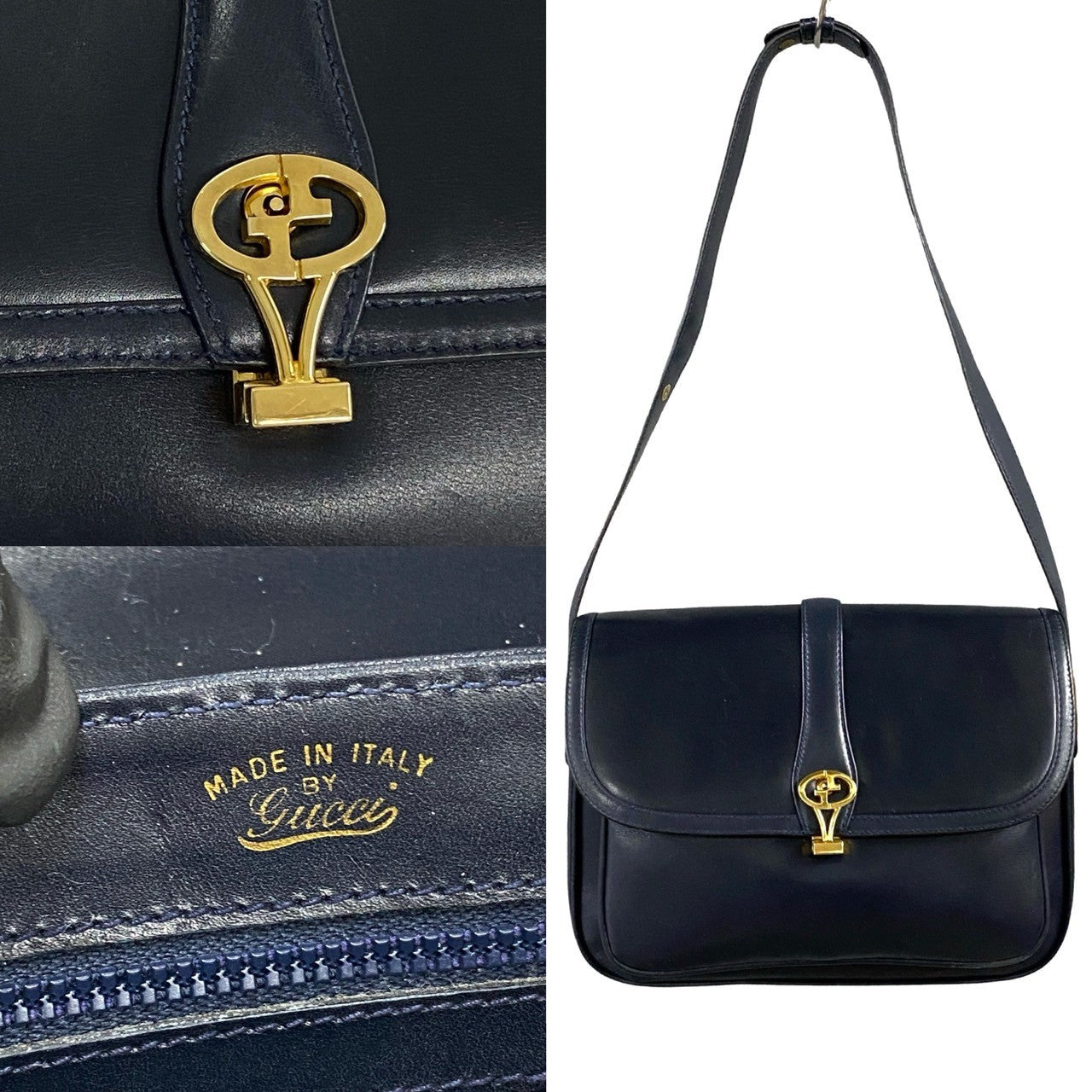 GUCCI Shoulder Bag Calfskin, Leather Navy logo Metal Women Used Authentic