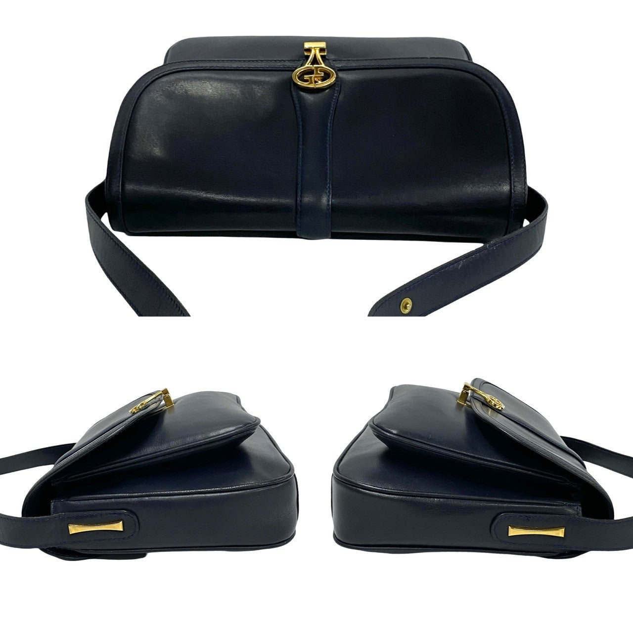 GUCCI Shoulder Bag Calfskin, Leather Navy logo Metal Women Used Authentic