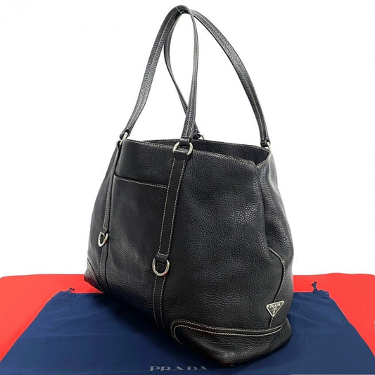 PRADA Tote Bag leather black Triangle Logo Plate Metal Women Used Authentic