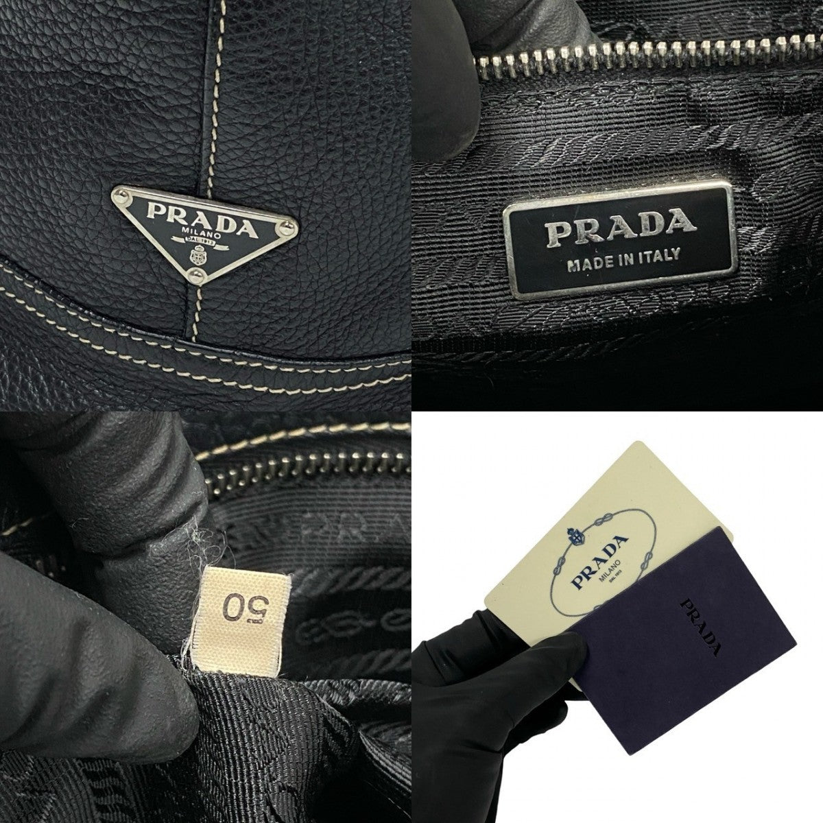 PRADA Tote Bag leather black Triangle Logo Plate Metal Women Used Authentic