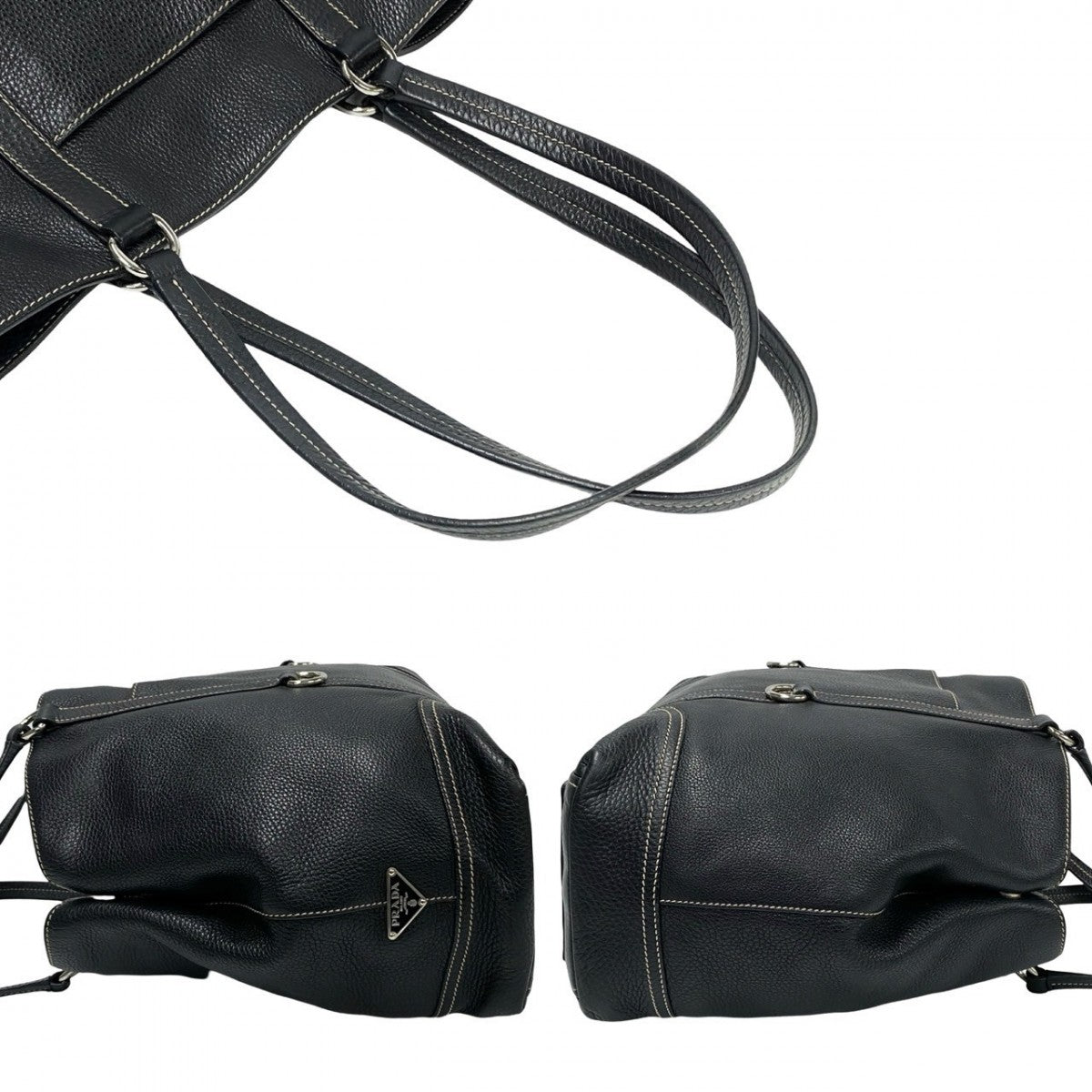 PRADA Tote Bag leather black Triangle Logo Plate Metal Women Used Authentic