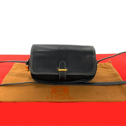 LOEWE Shoulder Bag leather black Anagram logo Women Used Authentic
