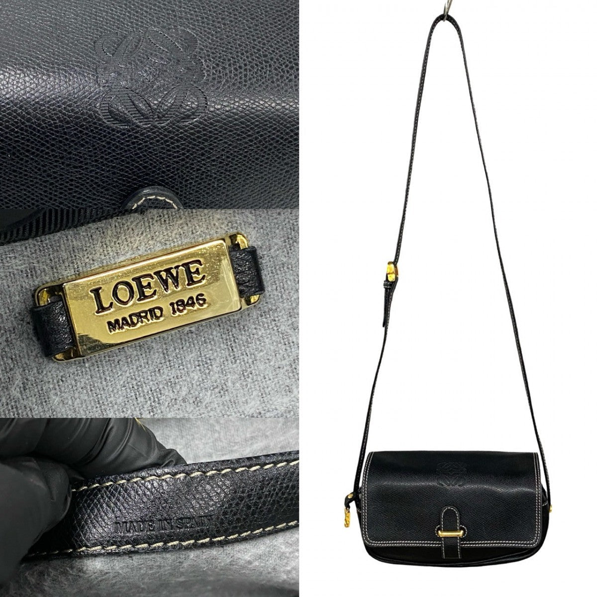 LOEWE Shoulder Bag leather black Anagram logo Women Used Authentic