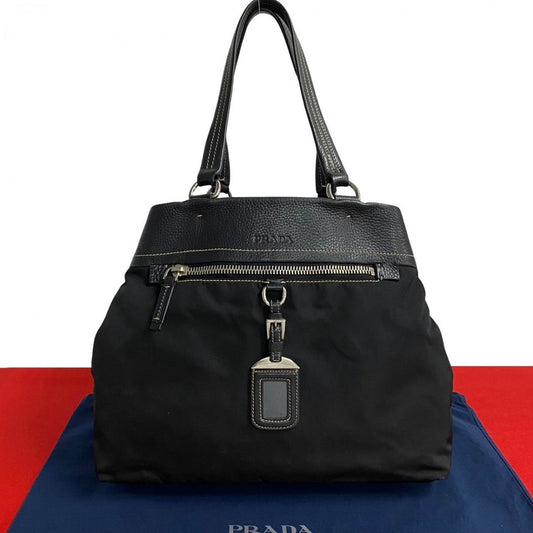PRADA Tote Bag leather black PRADA logo Metal Women Used Authentic