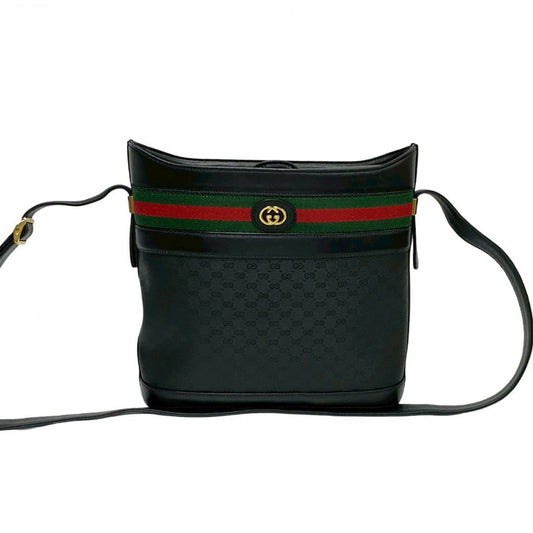 GUCCI Shoulder Bag Leather, PVC black Micro GG logo Pattern Sherry line Women Used Authentic
