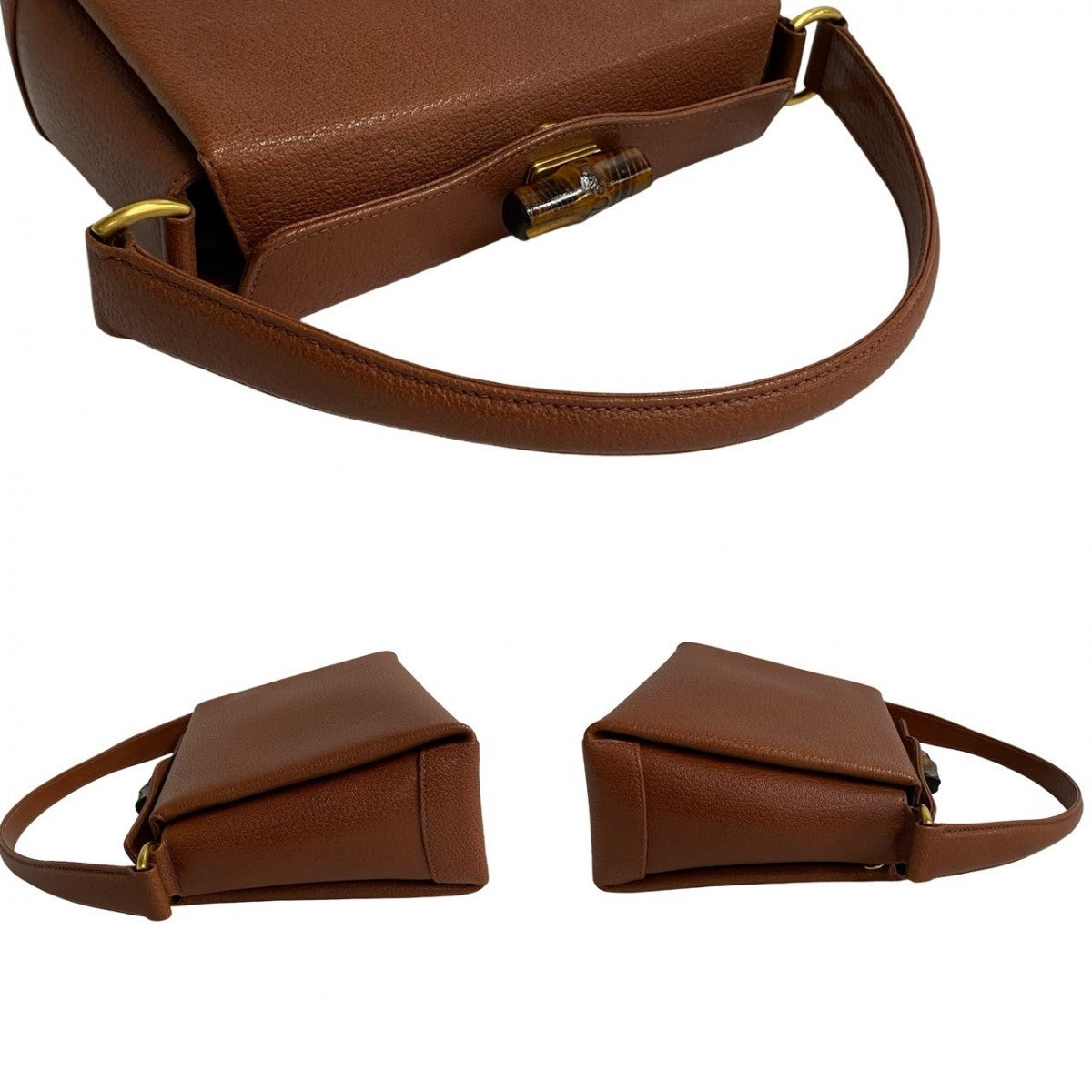 GUCCI Handbag leather Brown Turn lock Bamboo Women Used Authentic