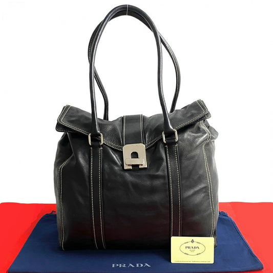 PRADA Tote Bag leather black logo turn lock Metal Women Used Authentic