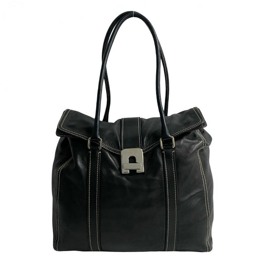 PRADA Tote Bag leather black logo turn lock Metal Women Used Authentic