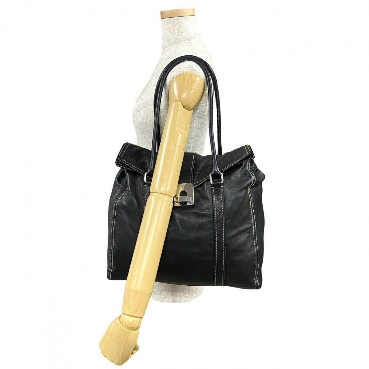 PRADA Tote Bag leather black logo turn lock Metal Women Used Authentic