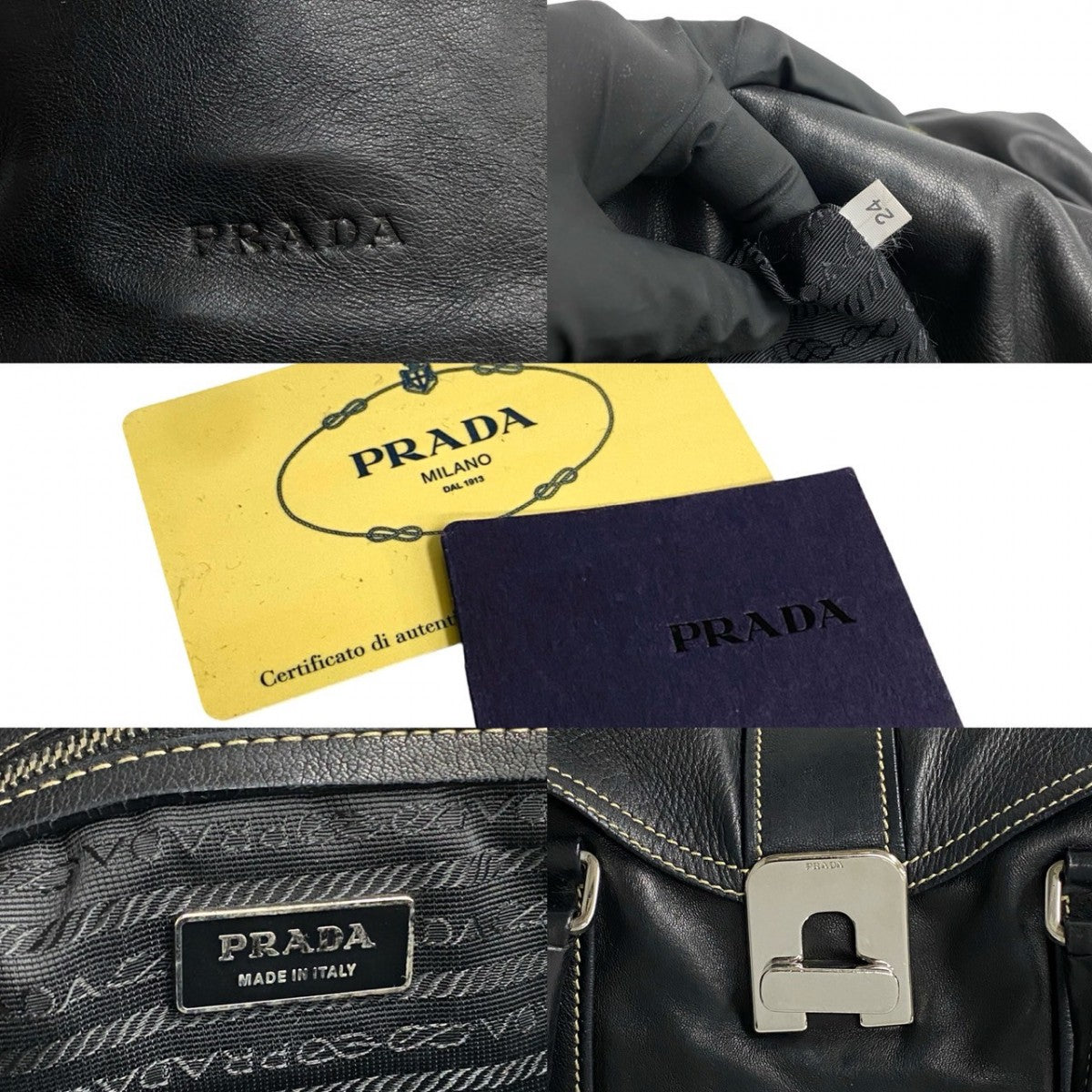 PRADA Tote Bag leather black logo turn lock Metal Women Used Authentic