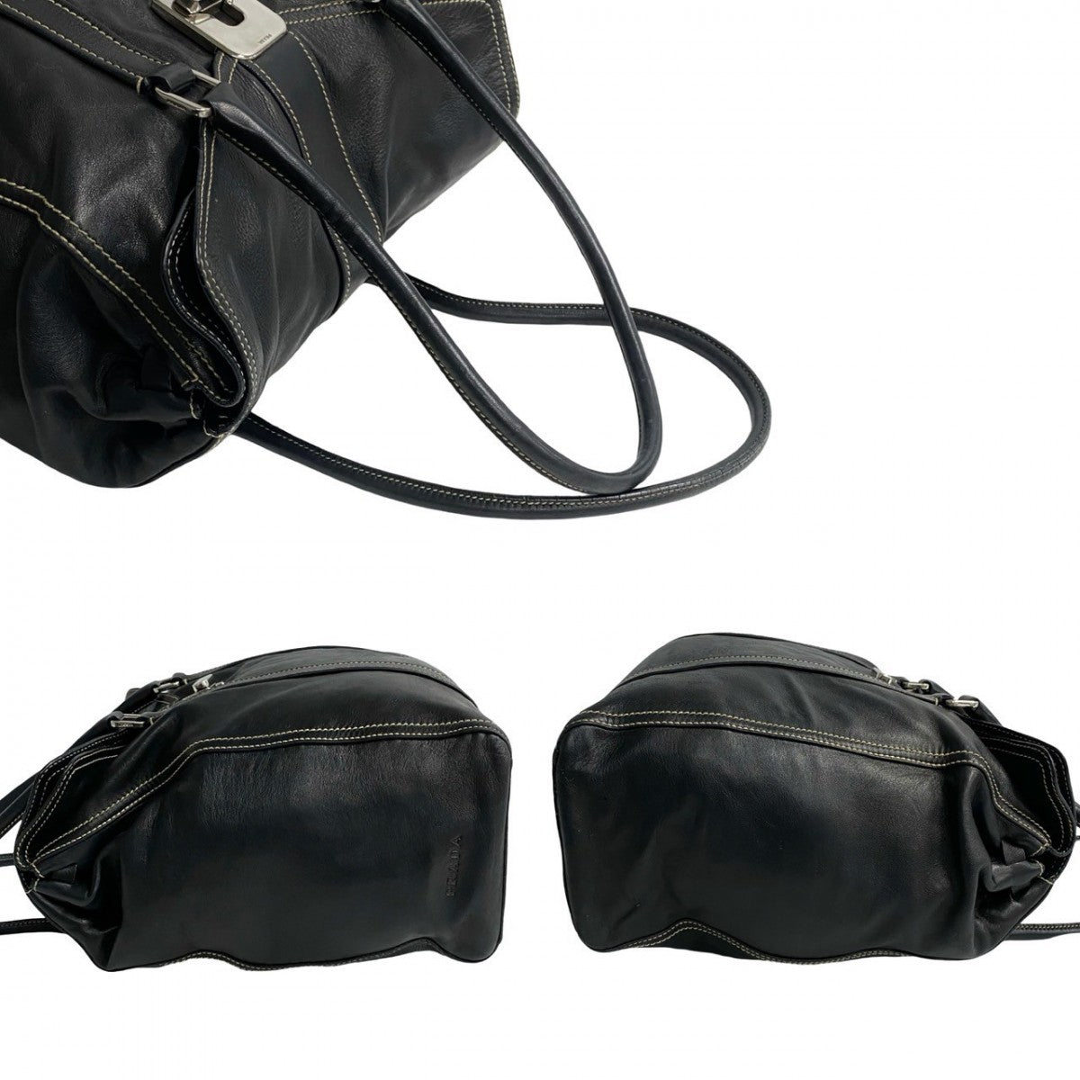 PRADA Tote Bag leather black logo turn lock Metal Women Used Authentic